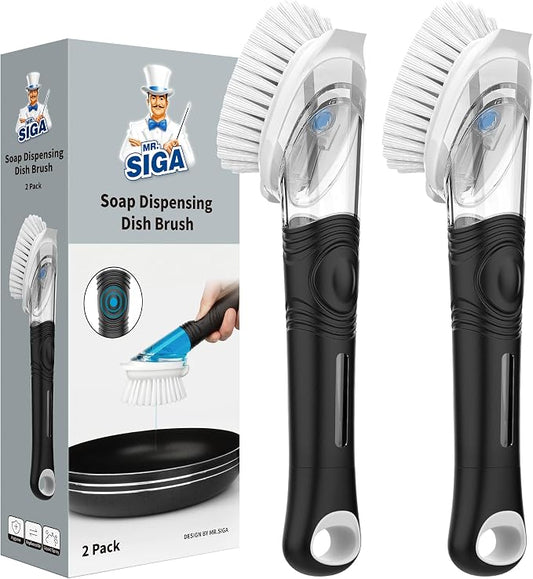 MR.SIGA Soap Dispensing Dish Brush, Kitchen Brush for Pot Pan Sink, 2 Pack | Dish scrubber with soap dispenser, dish soap brush with scraper