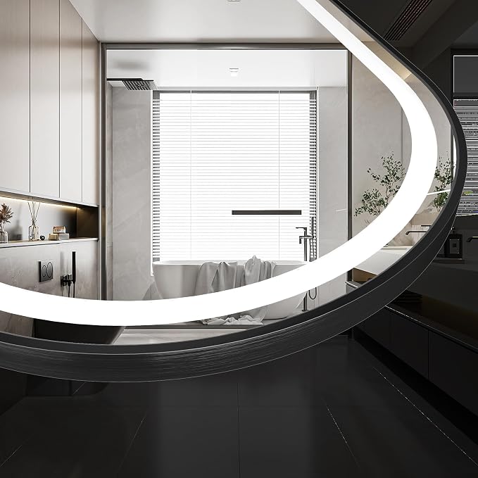 Arched Bathroom Mirror 20"x28", Black, LED Tempered Glass | arch led bathroom mirror black wall mounted vanity lighted tempered glass dimmable anti fog metal frame