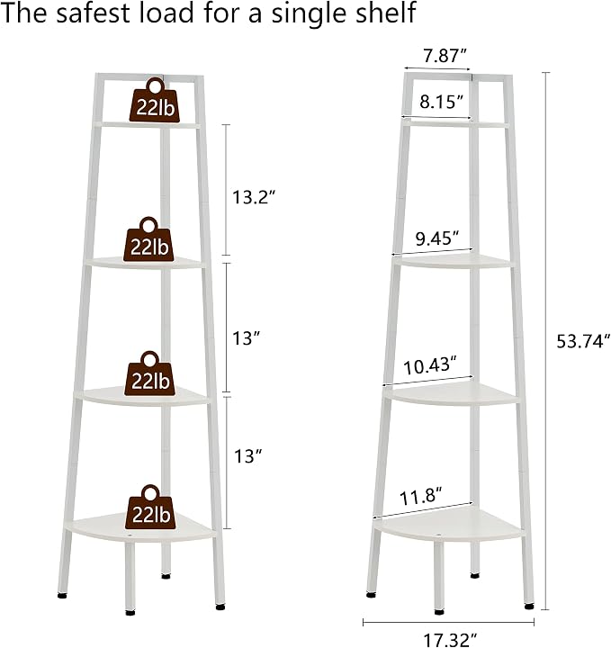 Hoctieon Corner Shelf, 4-Tier Corner Bookshelf, Rustic Corner Ladder Shelf, Industrial Display Shelf for Living Room, Kitchen, Home Office, Balcony, Small Space, Metal Frame, White