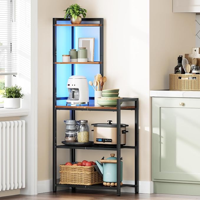 HOOBRO 5-Tier Corner Shelf Stand, Corner Shelf with LED Light, 56.3" Tall Corner Bookshelf, Display Rack Storage Organizer with Table, for Small Spaces, Living Room, Entryway, Rustic Brown BF69DCJ01