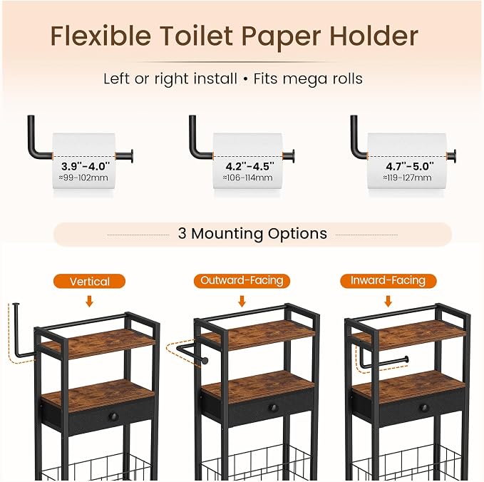 Snughome Freestanding Toilet Paper Holder with Storage Drawer, 4-Tier Rolling Toilet Paper Holder Stand with Wheels, Shelf & Basket, Bathroom Magazine Rack for Phone & Extra Rolls (Rustic Brown)