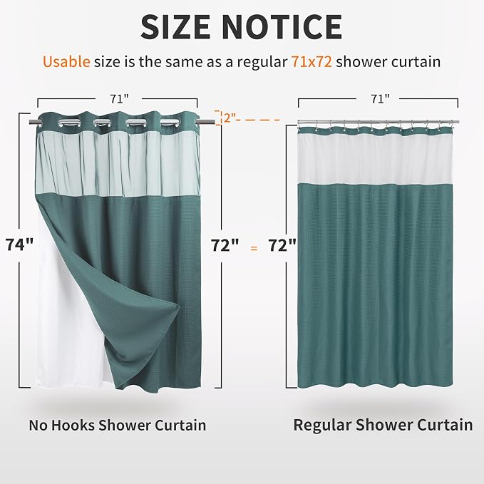 River Dream Heavyweight Waffle No Hook Shower Curtain with Liner,Teal,71x74 | Dotted Waffle,Snap-in Liner,Heavy Duty,Quick Dry,Mesh Top Window,With Bottom Magnets,Hotel-Grade,Washable,Standard Size