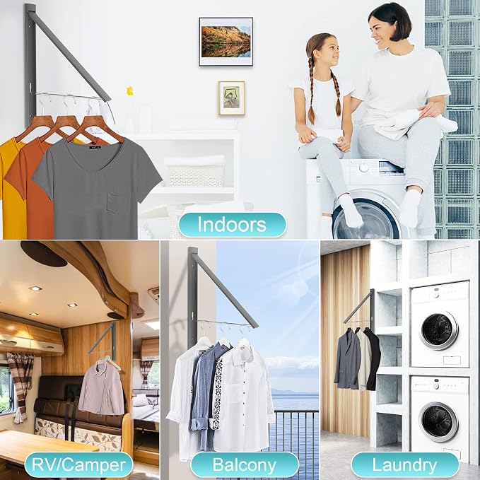 Ithywat Retractable Clothes Drying Rack, Space Saver Wall Mounted Folding Hanger for Laundry Room, Closet Storage Organization, Easy Installation Aluminium Never Rust Dryer Gray