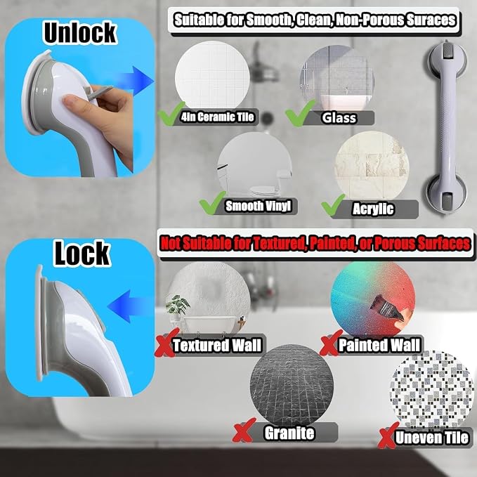 Shower Grab Bar, Suction Grab Bars for Shower, 2 Pack 16.11 Inch Shower Handles for Elderly Suction, Bathroom Grab Bars for Seniors, Shower Grab Bars Suction Heavy Duty, Waterproof No Drilling