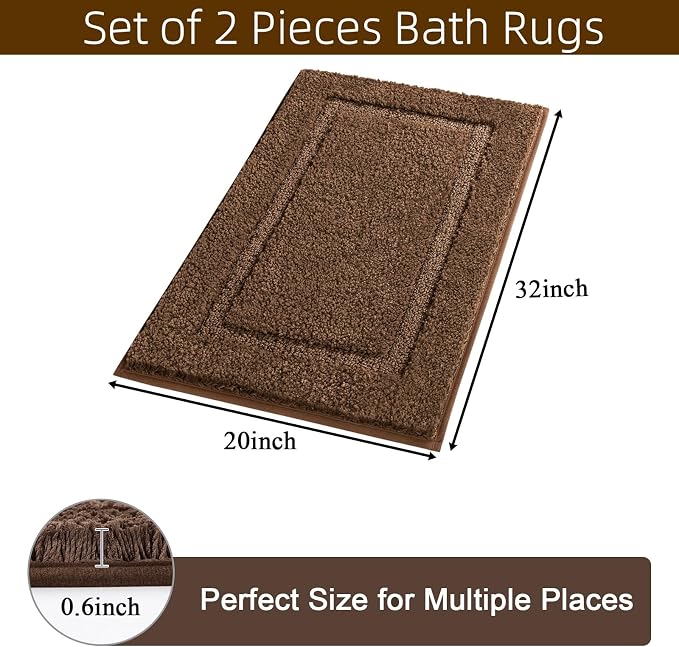 SHACOS Soft Microfiber Dark Brown Bathroom Rugs Sets 2 Pieces 32x20 inch | Absorbent Plush Bath Rugs, Non Slip Washable Shaggy Bath Mats, Fluffy Bathroom Runner Floor Mats Shower Rug