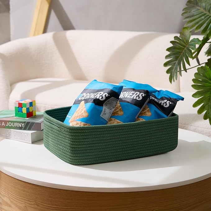 MiniArk Large Shallow Organizing Baskets 15x11x5.1 Inches - Rope Woven Storage Bins for Bathroom, Shelves, Cube Closet, Green 4 Packs