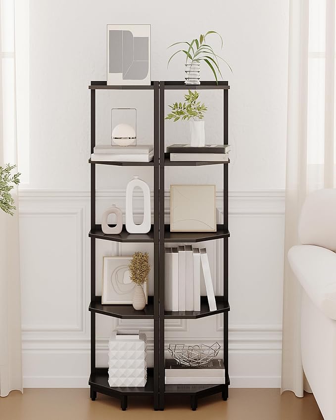 Hzuaneri Corner Shelf Stand 5-Tier Corner Bookshelf Storage Standing Shelf | Bookcase Plant Stand with Metal Frame for Living Room, Home Office, Bedroom, Black CS05906B