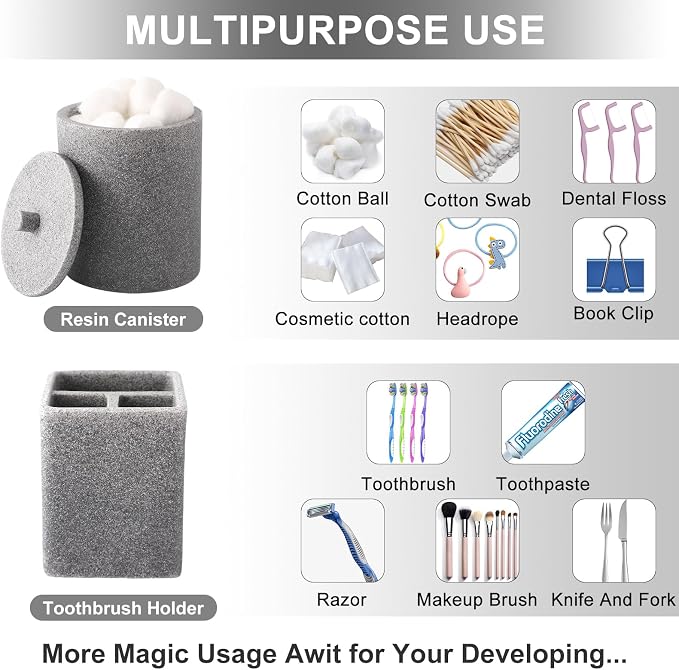 Resin 6 Pcs Gray Bathroom Set Complete with Toothbrush Holder, Lotion Soap Dispenser, 2 Qtip Holder Dispensers,Vanity Tray,Bathroom Tumbler - Countertop Vanity Organizer - Bathroom Accessories Set