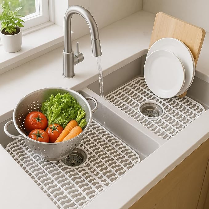 Dependable Industries Inc. Essentials 2 Pack Plastic Sink Protector Mat with Center Drain Cutout Protect Sink and Glasses and Dishes from Scratches and Breaks 12" x 11" (White)