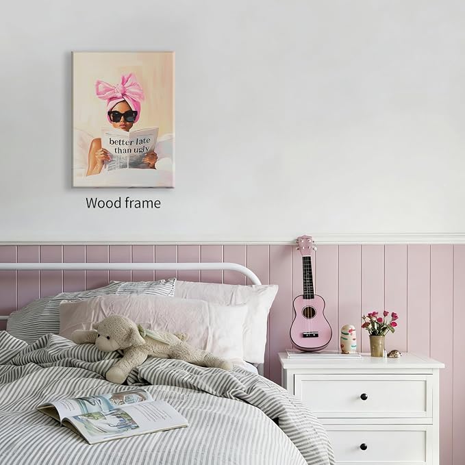 Better Late Than Ugly Canvas Wall Art Feminist Newspaper Quotes Poster Trendy Preppy Girly Aesthetic Prints 08x10 inch Framed for Bathroom Home Bedroom Wall Decor