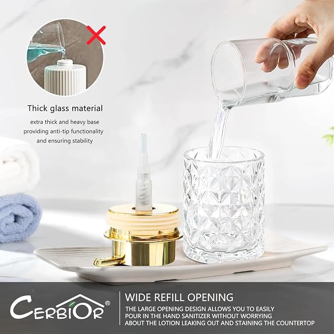 CERBIOR Bathroom Accessories Set, 4 PCS Glass Bathroom Set,Golden White | Includes Soap Dispenser, Toothbrush Holder, Toothbrush Cup, Soap Dish for Decorative Countertop and Housewarming Gift