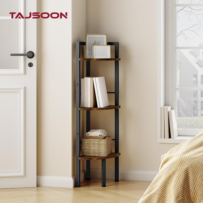 Corner Shelf Stand 3 Tier 39.5" with Metal Frame, Rustic Brown | Industrial Small Corner Shelf Narrow, Multipurpose Tall Corner Bookshelf, Corner Table Bedroom, Living Room, Office, Kitchen