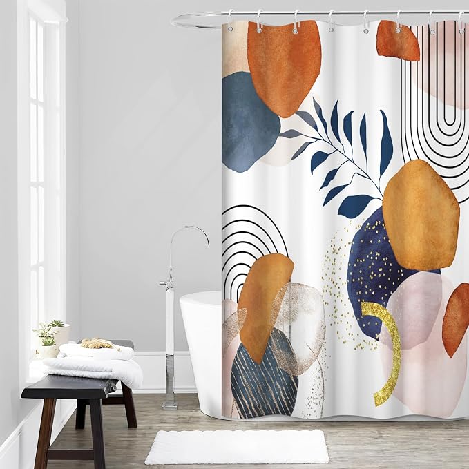 Boho Navy Blue Shower Curtain for Bathroom 60x72 Inch | Waterproof Abstract Blue and Terracotta Shower Curtain Set with Hooks, Mid Century Bathroom Decor