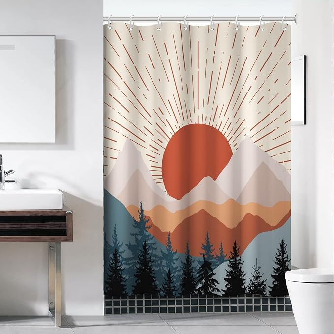Boho Sunrise Shower Curtain with Hooks for Bathroom 60x72 Inch | Waterproof Abstract Terracotta Mountain Forest Shower Curtain Set, Soft Bathroom Decor, Machine Washable
