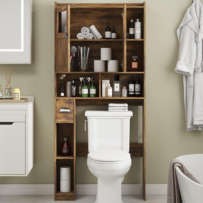 Vabches Over The Toilet Storage Cabinet with Doors and Shelves, Brown | Freestanding Home Space Save Toilet Rack, with Adjustable Shelves for Restroom, Bathroom, Laundry