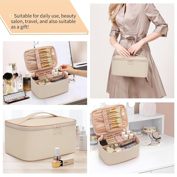 Beige Makeup Bag,Travel Makeup Organizer Bag, Large Capacity Cosmetic Bags For Women Large Travel Toiletry Bag Girls Traveling With Brush Slot And Divider-White
