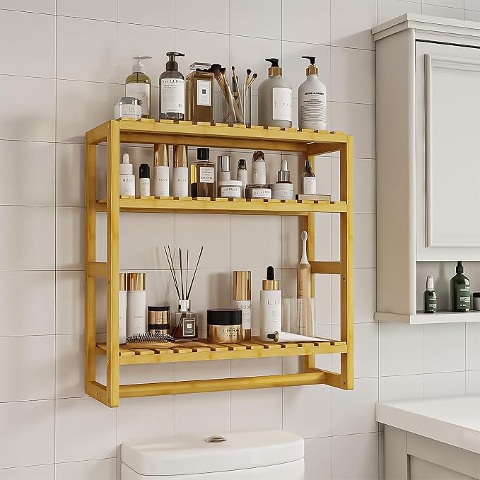 Galood Over The Toilet Storage Bathroom Shelves Wall Mounted Yellow | 3 Tier Space Saver Corner Shelf Organizer Bamboo Towel Rack Toilet Paper Cabinet with Hanging Rod