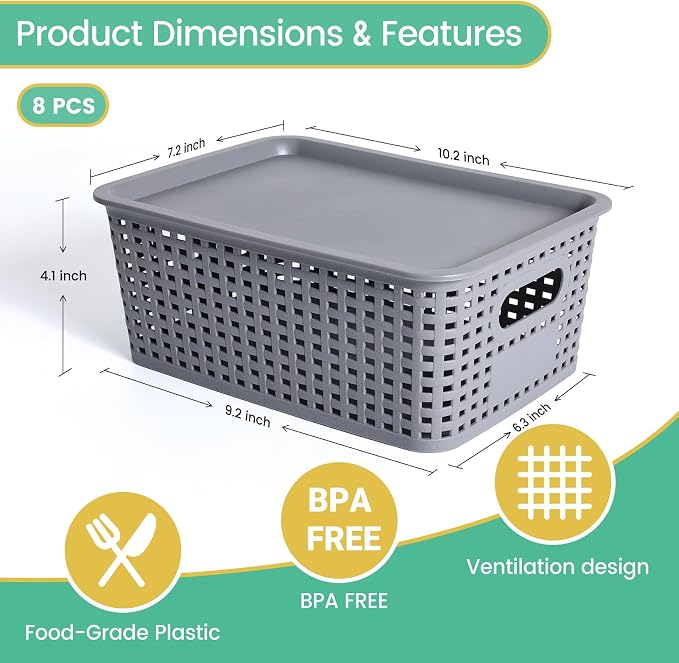 Ohmlove 8 Pack Plastic Storage Baskets with Lids for Organization | Stackable Storage bins, Storages Baskets for Organizing Shelves Drawers Desktop Closet Playroom Classroom Office, Gray