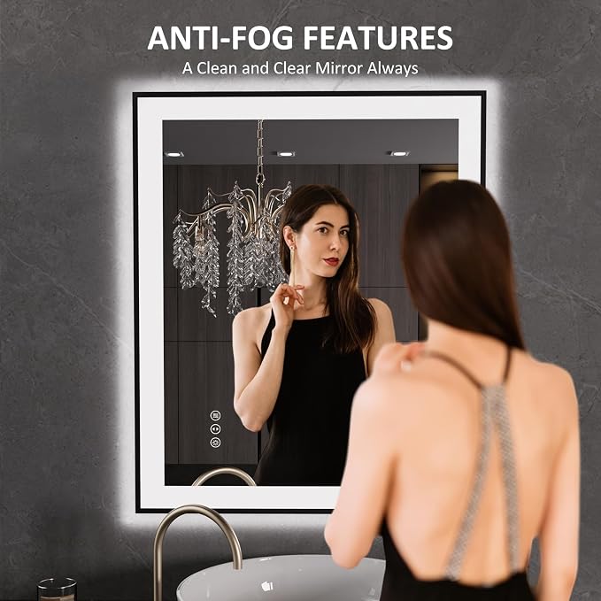 LOAAO 30"X36" LED Bathroom Mirror Black Framed | Anti-Fog, Dimmable, Memory Function, Tempered Glass, Lighted Vanity Mirror for Wall