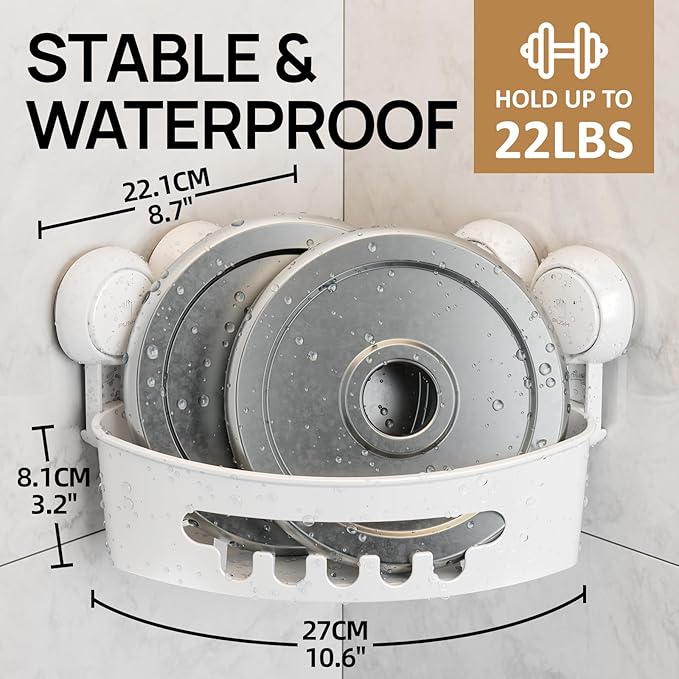 Corner Shower Caddy Suction Cup, Shower Basket Suction Bathroom | White Shower Caddies, Waterproof & Rustproof Shower Organizer, No-Drilling Removable