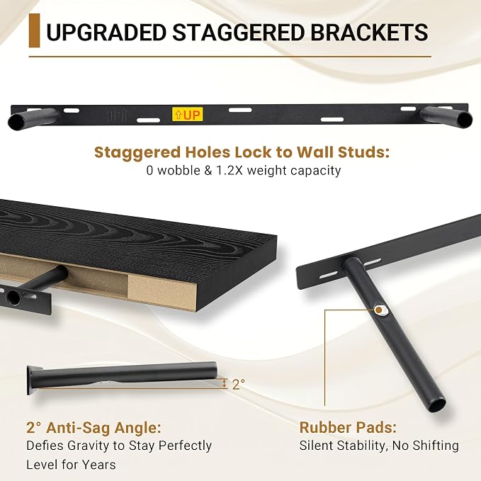 Vivelove Deep Floating Shelves 48x12” Set of 2, Black | Easy Install With Hardware, 2" Thick, Invisible Brackets, Wall Mounted, No Sagging, For Any Room