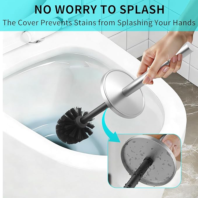 Stainless Steel Toilet Brush and Holder Set,Toilet Bowl Brush and Holder | Brushed Nickel Heavy Duty Toilet Brush for Bathroom with Long Handle,Removable Inner Bowl and Splash Protection,Deep Cleaning