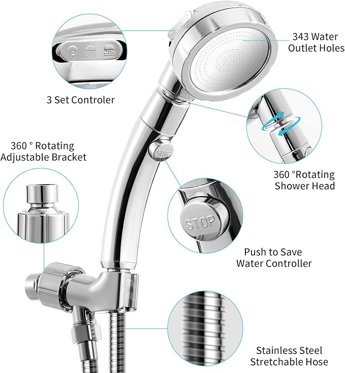 Marbrasse High Pressure Shower Head with Hose and Holder, 3-Settings Handheld Showerhead with Push Switch and Button to Control Water Flow for Saving Water,Removable Camper Shower Head