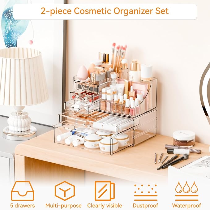 2 Pack Clear Makeup Organizer Countertop for Dresser,Vanity and Bathroom Counter Organizer,Tiered Stackable Makeup Acrylic Organizers with 5 Drawer for Skincare,Brush and Make up Holders