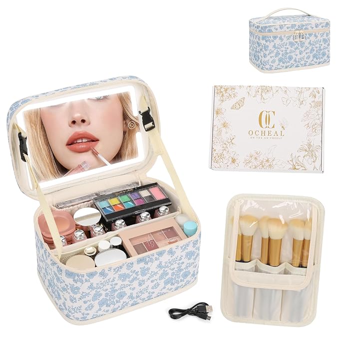 Makeup Bag With LED Mirror, Travel Makeup Bag With 3 Color Setting Light Up Mirror Cosmetic Organizer Vanity Case for Women Beauty Tools Accessories Rechargeable Makeup Travel Bag-Black