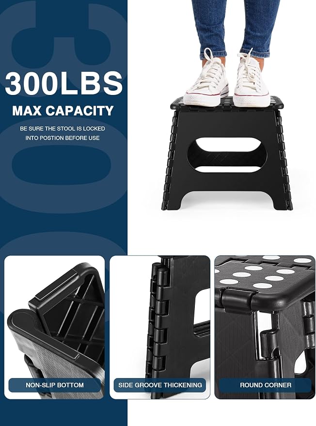 Dyforce Kids Step Stool 11 Inch, 300lbs Folding Step Stool for Adults | Toddler Step stool Black,Anti-slip Heavy Duty with Carry Handle, Lightweight Foldable Stool for Bathroom Kitchen Bedroom