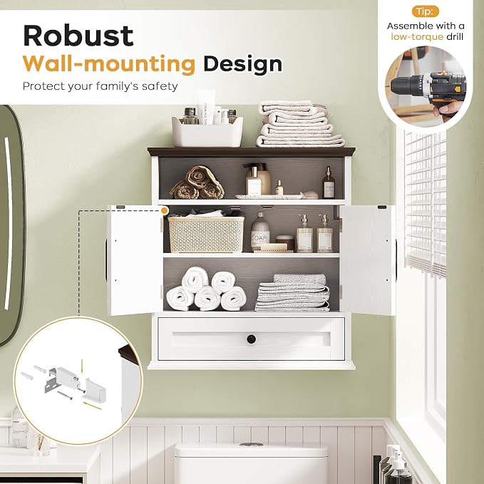 Bathroom Wall Cabinet, Wall Mounted Medicine Cabinet 24.4"H x 23.6"W x 9"D | With Drawer, Barn Doors & Adjustable Shelf, White Over Toilet Farmhouse Storage Cabinet for Kitchen, Laundry Room, Entryway