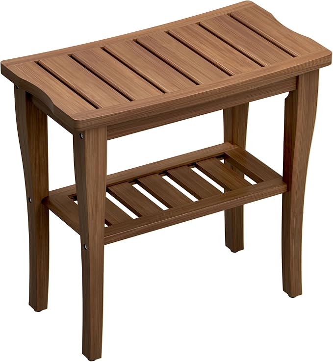 Bamboo Shower Bench Stool with Storage Shelf, Waterproof Shower Chair Spa Bath Seat, Shower Stool for Inside, Bathroom Bench Seat for Adults Elderly Seniors for Indoor or Outdoor Use(Walnut)