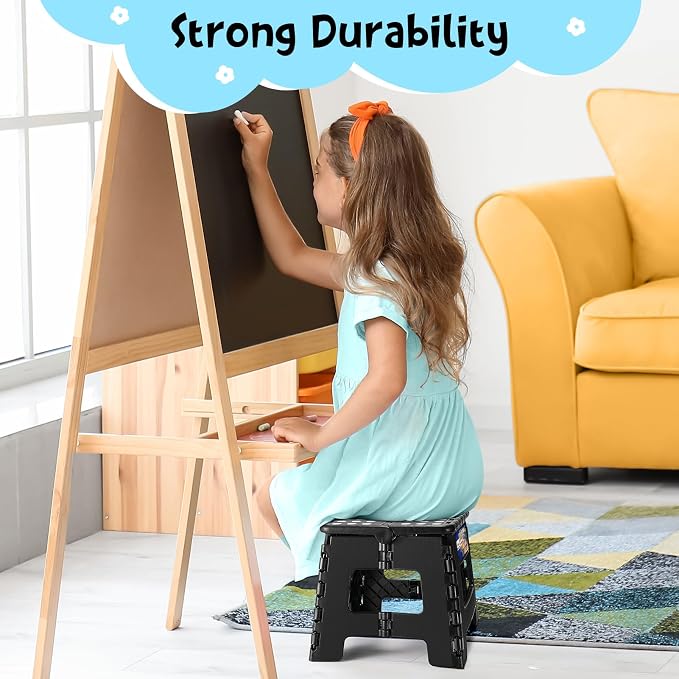 ACKO Folding Step Stool 9 Inch, Non-Slip Foldable Stools for Kids, Black | Heavy Duty Collapsible Foot Stool, Lightweight, Holds 300lb for Toddler/Adults Kitchen Bathroom Bedroom Outdoor, with Handle