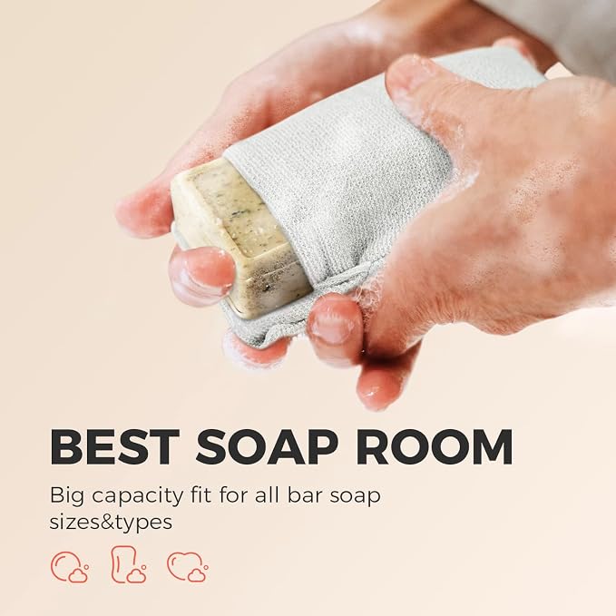 ZOMCHI Soap Saver Bags for Bar Soap, 2 Pack, Gentle Texture Grey | Nylon Mesh Helps Create Rich Lather, Hanging Loop, Quick Drying Design, Roomy Pouch For Bath And Shower Routines