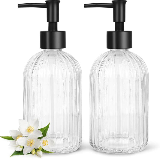 Topsky 2 Pack Glass Soap Dispenser with Plastic Pump, 400ml Liquid Hand Soap Dispenser, Rustproof Pump for Kitchen & Bathroom, Great for Lotions, Essential Oil, Liquid Soaps,Transparent