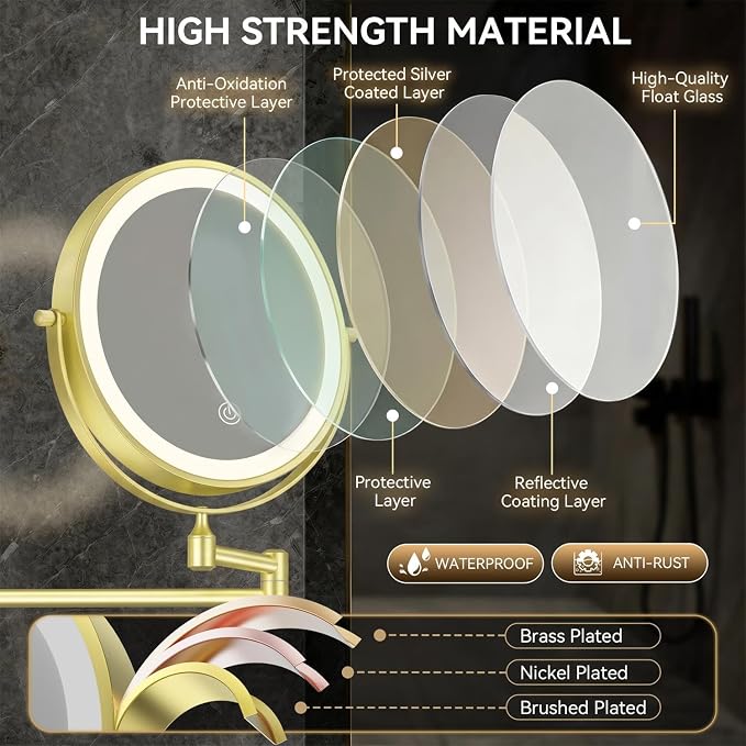 Auxmir 8'' Wall Mounted Makeup Mirror，1X/20X Rechargeable Magnifying Mirror | double-sided button/ rechargeable 3200mAh/ 3 dimmable colors/ 360° rotation/ extended arm/ 30X magnification for bathroom