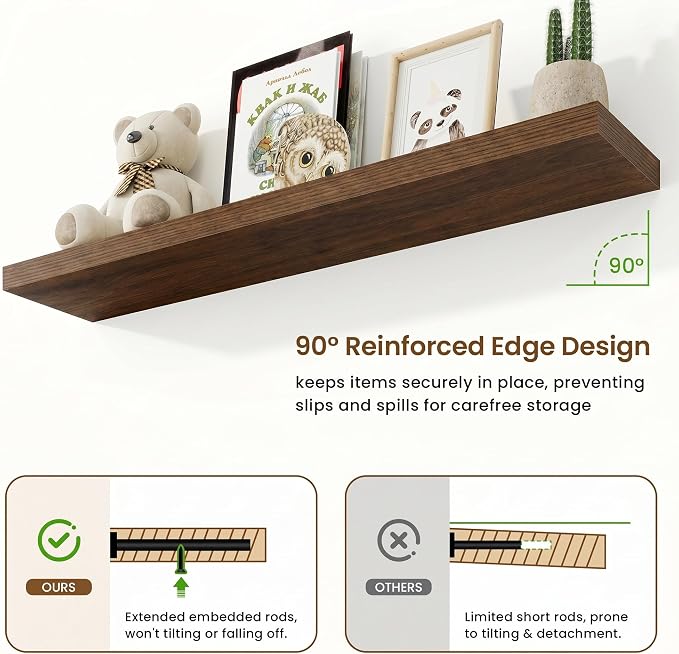 Marsmiles 9.25in Depth 48in Floating Shelves, 48x9.25x1.4, Walnut, Set of 2 | Long Wall Mounted Engineered Wood Shelves with Invisible Brackets for Living Room, Bedroom, Bathroom, Kitchen