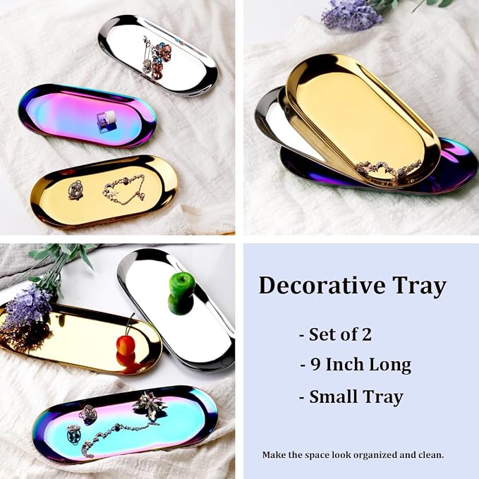 Stainless Steel Decorative Tray, Set of 2, 9 Inch Long, Jewelry Dish Cosmetics Organizer Bathroom Clutter Serving Platter Small Storage Tray, Oval, Gold