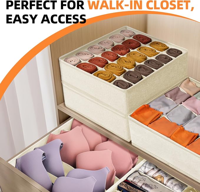 6 Pcs Drawer Organizer Clothes - 90 Cells Closet Organizers and Storage for Baby Nursery - Washable Fabric Dresser Organizer Dividers for Sock Underwear Bra Dorm Room Essentials (Beige)
