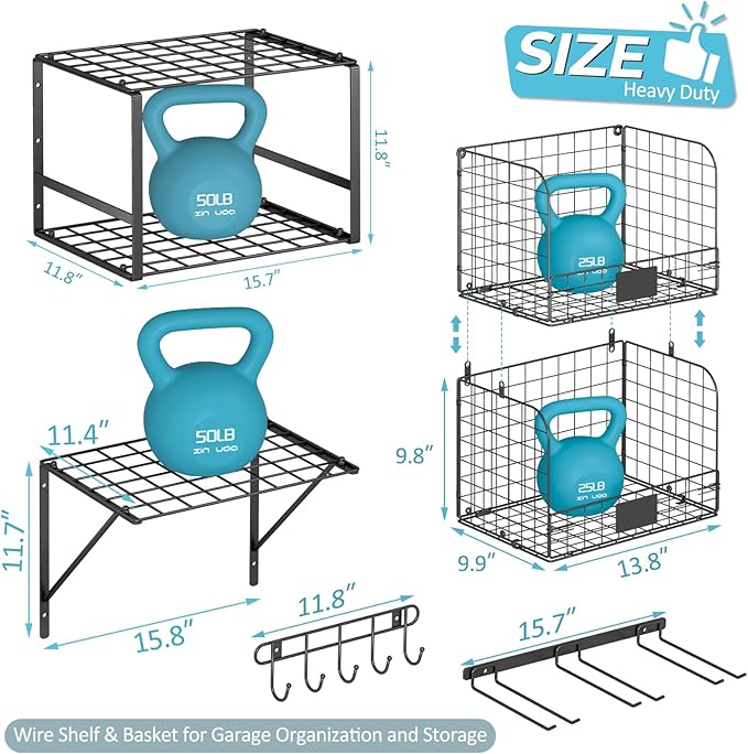 ThreeHio Garage Shelf Wall Mounted with Wire baskets, Heavy Duty Garage Wall Shelving with Garden Tool Rack and Hooks, Wire Shelf Baskets Tool Organizer for Home Garden Yard Organization and Storage