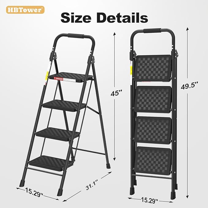 HBTower 4 Step Ladder with Wide Anti-Slip Pedal and Cushioned Handle | Step Stool Foldable with 330 lbs Capacity for Home and Kitchen, Black