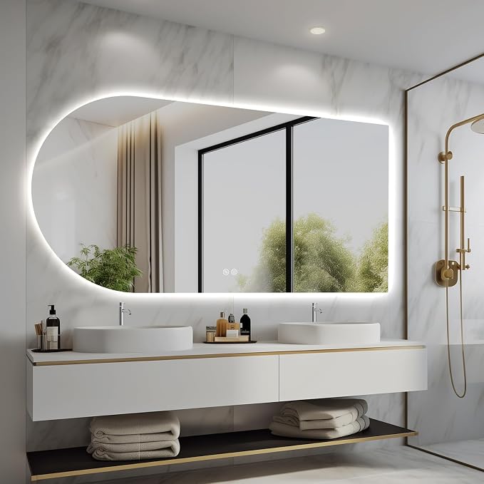 Arched LED Bathroom Mirror, 55"x28" Arch Framless Backlit Mirror with Lights Anti-Fog Dimmable Smart Frameless 3-Color Lighted Vanity Mirror Memory Waterproof, UL Listed, Horizontal-Right