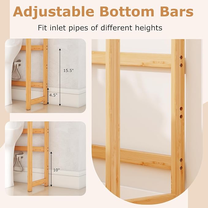 GIANTEX Bamboo Over The Toilet Storage, 3-Tier Over Toilet Bathroom Organizer with 3 Hooks & Adjustable Shelves, Freestanding Space Saver Above Toilet Shelf Rack for Laundry, Balcony, Restroom