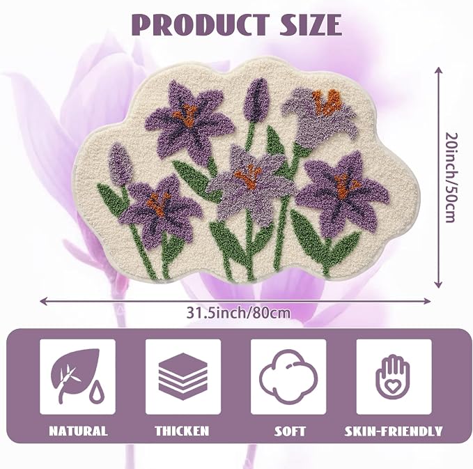 Cloud-Shaped Lily Bath Mat, Soft Non-Slip Fluffy Fresh Flowers Bathroom Rug, Ultra Absorbent Microfiber Shaggy Door Mat, Machine Washable Bath Rug Carpet for Bathtub Bedroom 20x31 Inch (Purple Lily)