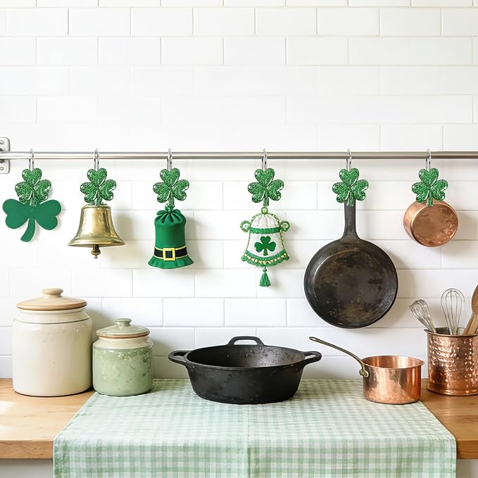 12Pcs St. Patrick's Day Glitter Shamrock Shower Curtain Hooks | Glitter Shamrock Design, Durable Resin Metal, Easy Installation, Versatile Use, and 12Pcs Set Perfect for Holiday Decor