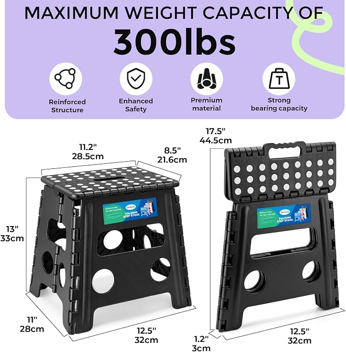 Dyforce Folding Step Stool 13 Inch,300lbs Foldable Stool for Adults & Kids | Stepping Stool Black,Non-Slip Plastic Compact Foot Stool with Carry Handle,Lightweight for Bathroom Kitchen Bedroom Garden
