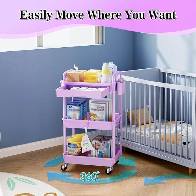 SUNALLY 3 Tier Rolling Cart with Drawer,Craft Storage Cart Organizer,Purple | Bathroom Storage Organizer with 2 Lockable Wheels, Rolling Utility Cart for Kitchen, Office, Baby, Makeup, Nail,Snack,Laundry