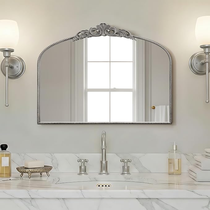 Micasso Vintage Silver Arched Mirror: 32"x24" Baroque Antique Vanity Mirror | Traditional Ornate French Decorative Wall Mirror for Bedroom/Bathroom/Entryway/Hallway/Dresser/Mantel/Nightstand/Over Sink
