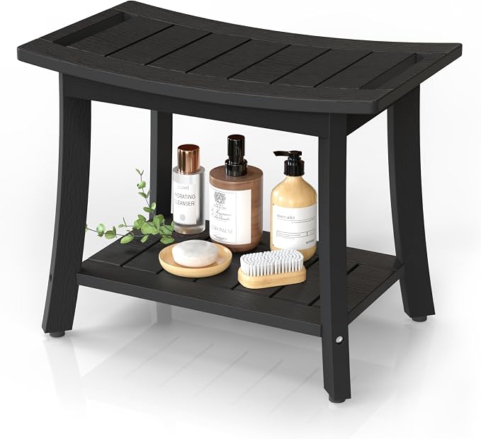 Waterproof HIPS Shower Bench for Inside Shower, Shower Stool, Black | Ergonomic design, For seating and leg shaving, Wood-Look texture, Easy care, Storage shelf, Non-Slip leveling feet, 400 lb