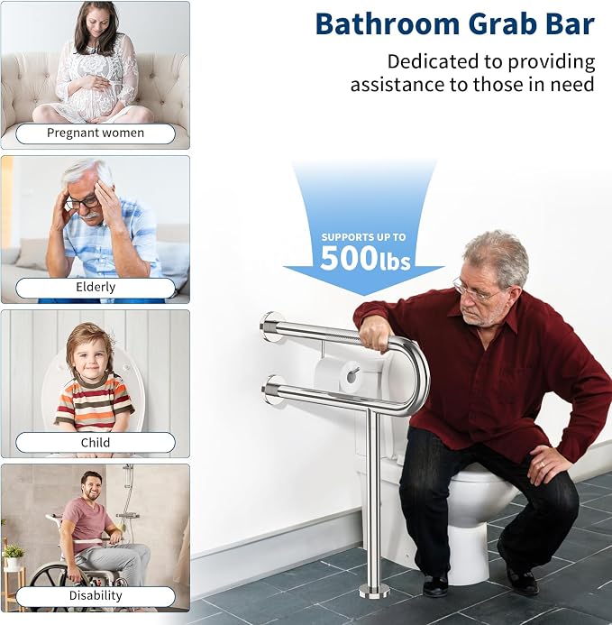 ZUEXT 24x28 Inch Chrome Knurled Toilet Grab Bar with Toilet Paper Holder | Wall to Floor, Anti-slip Handicap Grab Bar, Stainless Steel Bathroom Support Rail with Leg, For Elderly Disabled Pregnant